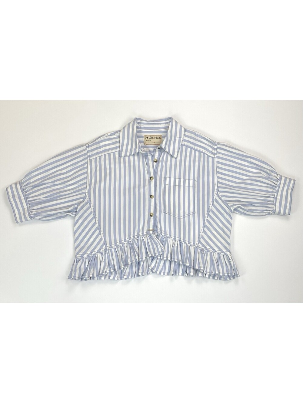 Free People We The Free Bailey Stripe Shirt Blue Cropped Ruffle Blouse XS - Picture 2 of 8